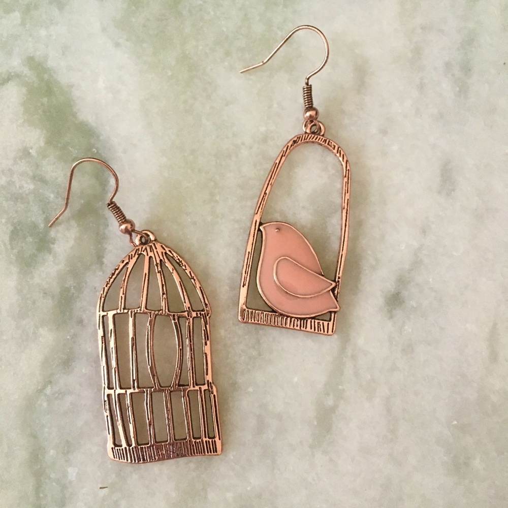 Bird Cage Antique Bronze Gold Chic Pink Earrings - Picture 8 of 8